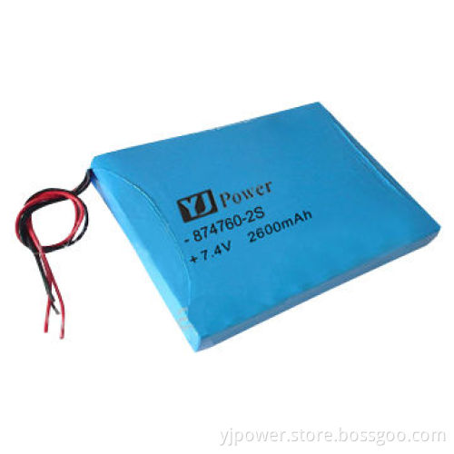7.4V/2,600mAh Li-ion Polymer Battery Pack, 874760-2S, with 38 x 48 x 136mm Size and 520g Weight